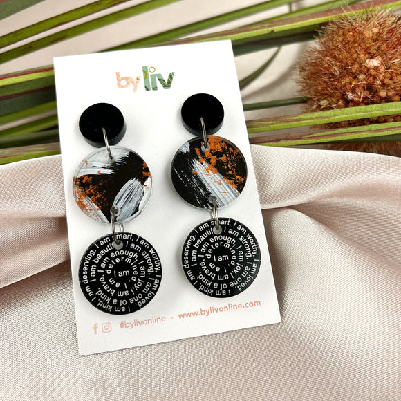 Monochrome & Copper Splash -Affirmation Dangle Earrings